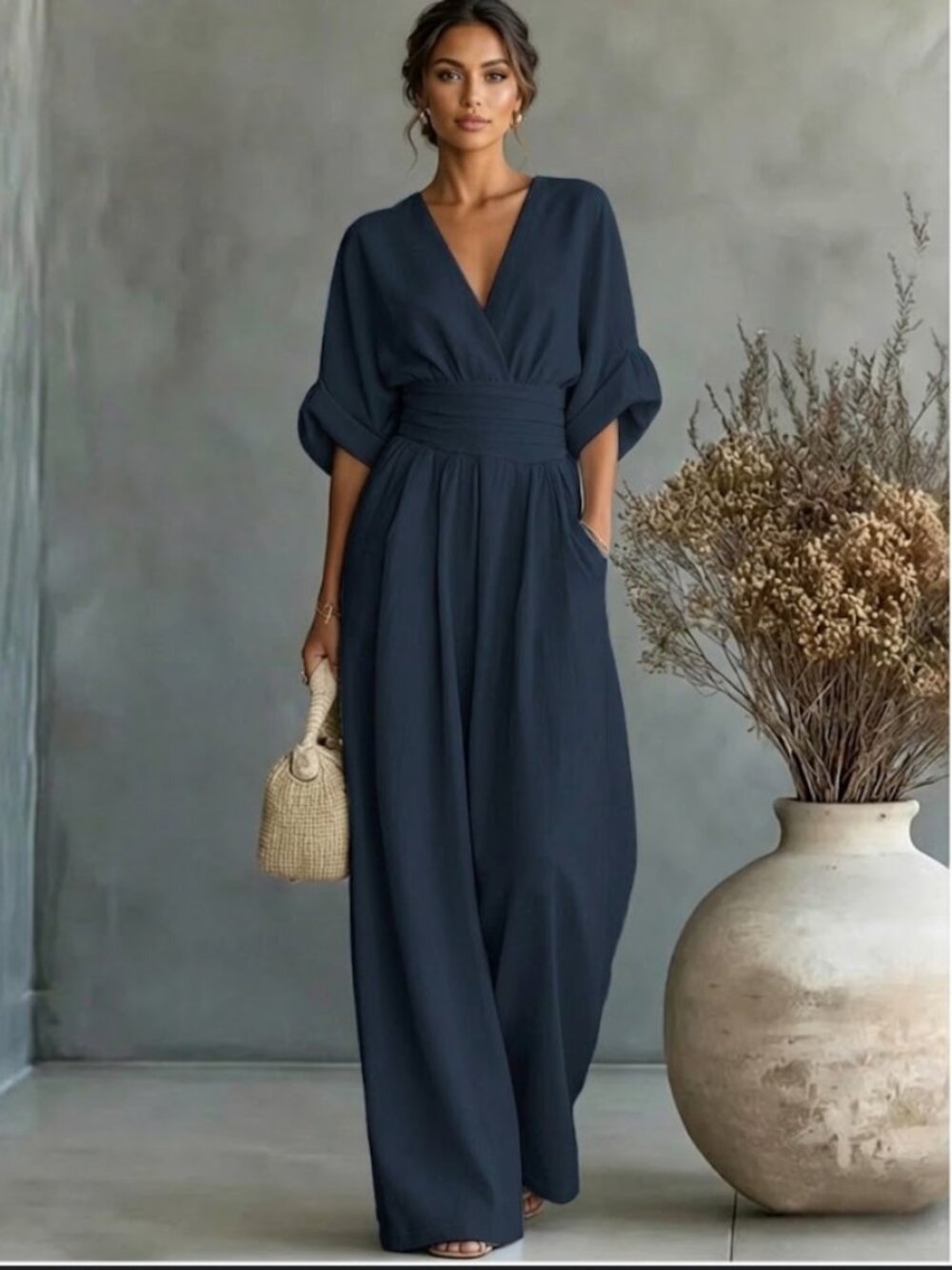 Chic Navy V-Neck Wide Leg Maxi Jumpsuit | Cinched Waist & Pockets